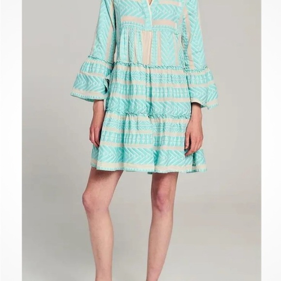 Devotion Twins Ella Embroidered Cotton Tunic Dress Neon Turquoise Blue White XS - Picture 5 of 8